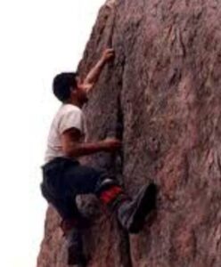 Mohammad Hassan Najjarian climbing solo on the Harry Roast route Alam-Kuh (without formal rock shoes). Photo @ M.H. Najjarian
