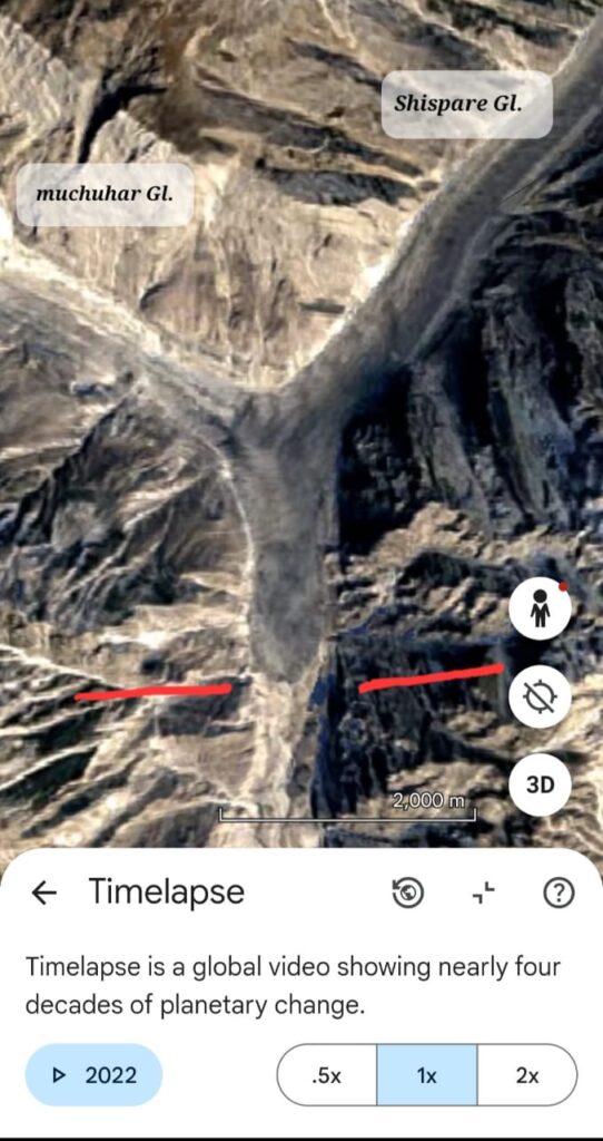 Shispar Glacier can be seen moving some Kilometers further, blocking Muchubar glacier down the Hassanabad Nullah 2022.